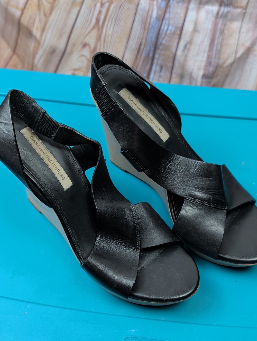 Diane von Furstenberg Black Leather Wedge Sandals 9.5